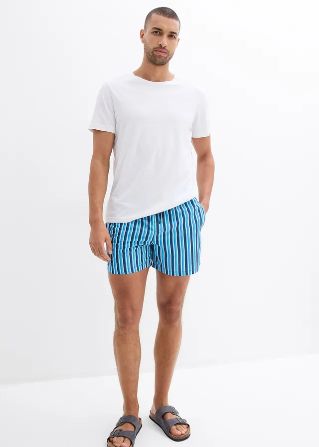 Zwemshort met zijzakken, Kleur: blauw-groen gestreept
