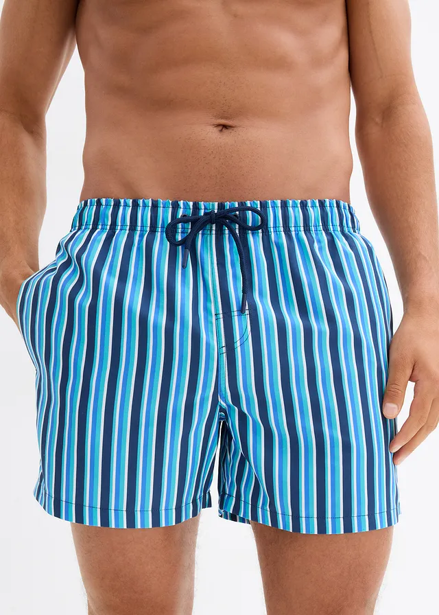 Zwemshort met zijzakken, Kleur: blauw-groen gestreept