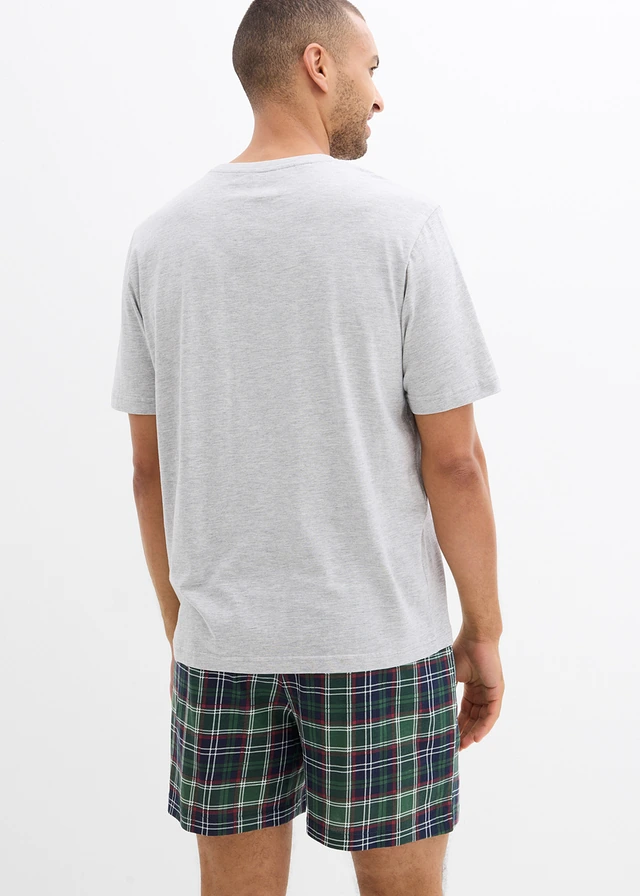Pyjashort avec T-shirt à poche poitrine, Couleur: gris clair chiné-vert foncé carreaux