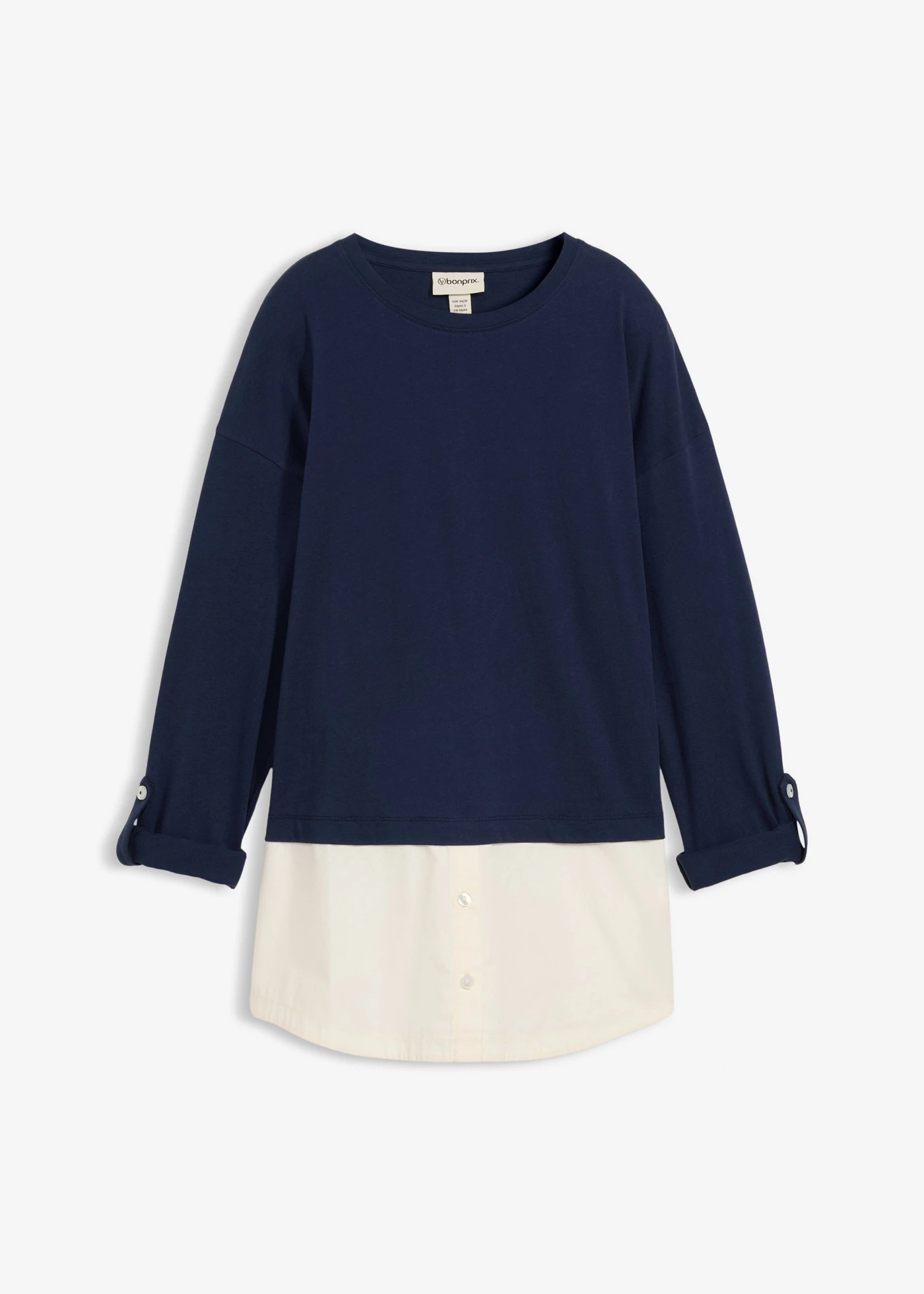 Shirt met blouse-inzet van biologisch katoen • donkerblauw-wolwit • bonprix online shop