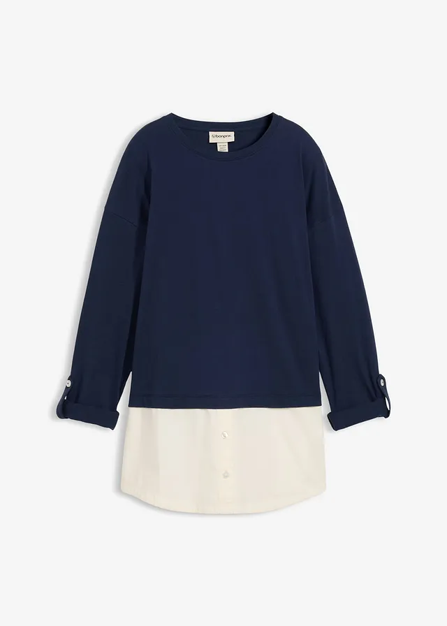Shirt met blouse-inzet van biologisch katoen • donkerblauw-wolwit • bonprix online shop