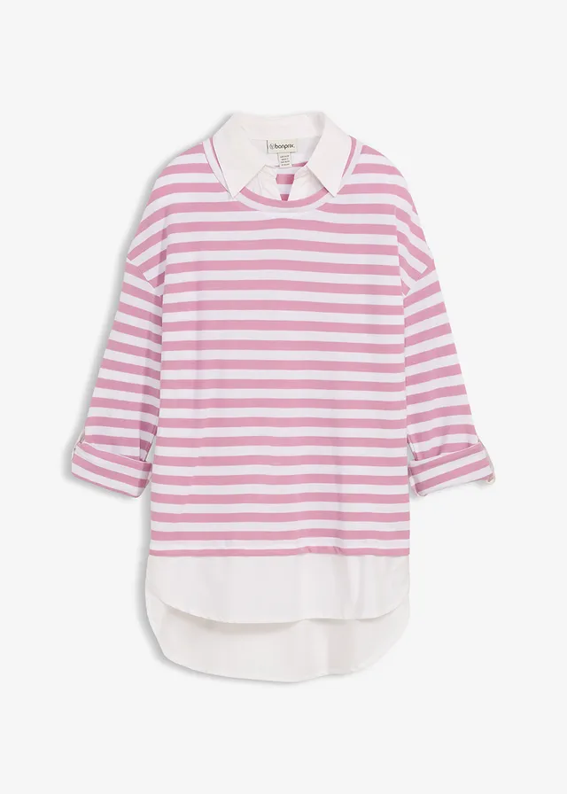 2 in 1 sweater, Kleur: mauve-wit gestreept