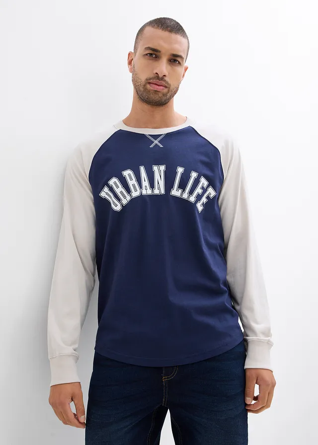T-shirt manches longues 100% coton • bleu foncé-gris pierre imprimé • product-page.page-title-suffix