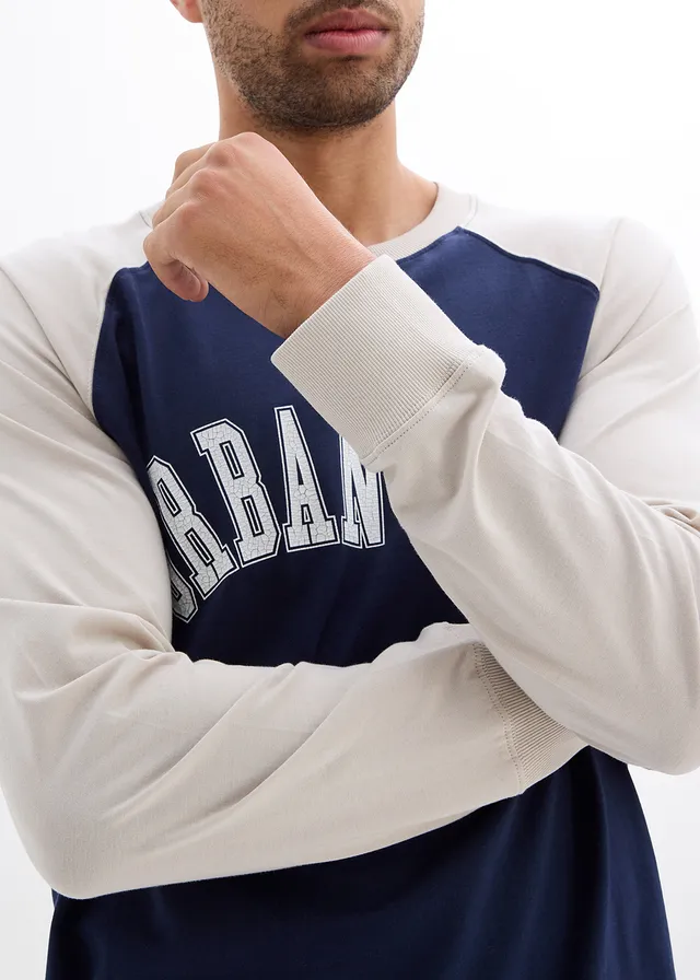 T-shirt manches longues 100% coton • bleu foncé-gris pierre imprimé • product-page.page-title-suffix