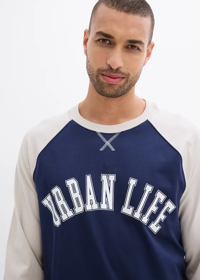 T-shirt manches longues 100% coton • bleu foncé-gris pierre imprimé • product-page.page-title-suffix