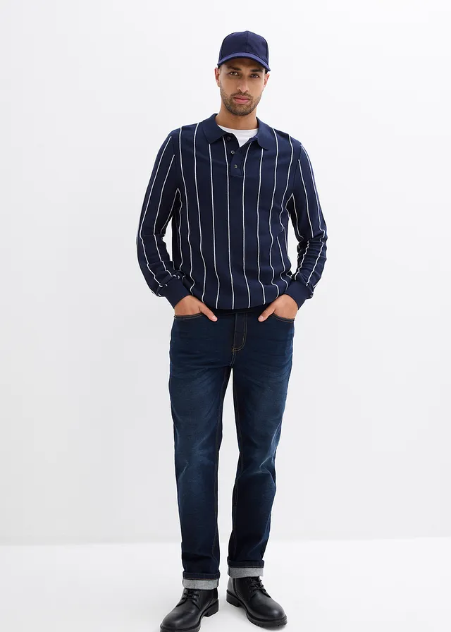 Fijngebreide trui, Regular Fit, Kleur: donkerblauw-parelwit verticaal gestreept