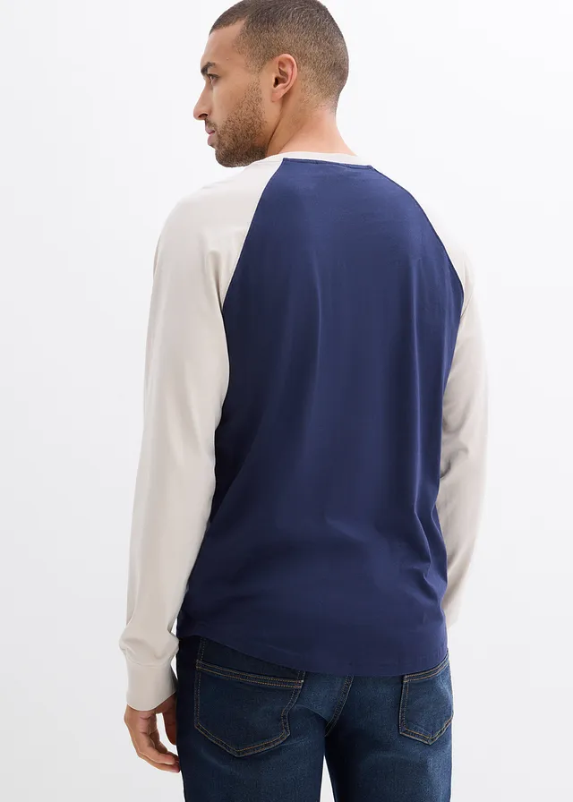T-shirt manches longues 100% coton, Couleur: bleu foncé-gris pierre imprimé