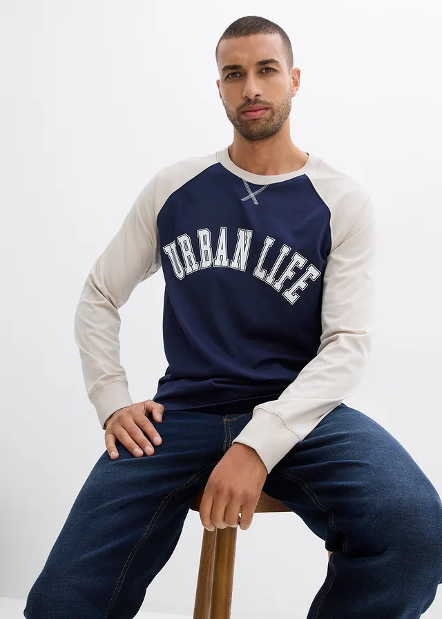 T-shirt manches longues 100% coton • bleu foncé-gris pierre imprimé • product-page.page-title-suffix