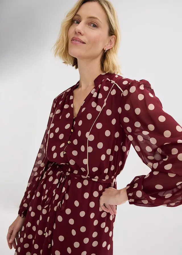 Robe en mousseline à passepoils contrastants • rouge rubis pois sable clair • product-page.page-title-suffix