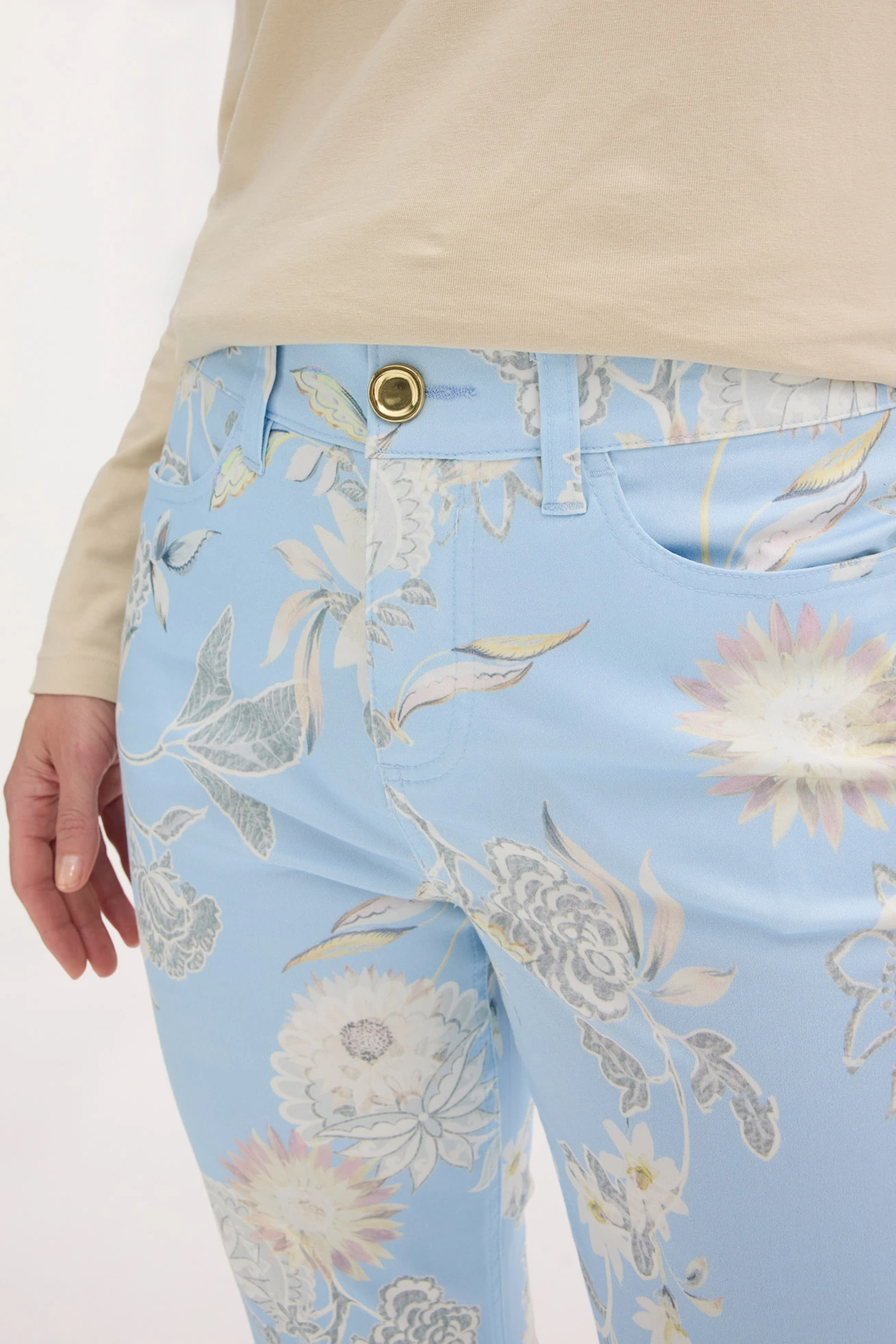 Pantaloni cu stretch cu imprimeu • albastru pudrat-bej nisipiu mat floral • magazin bonprix