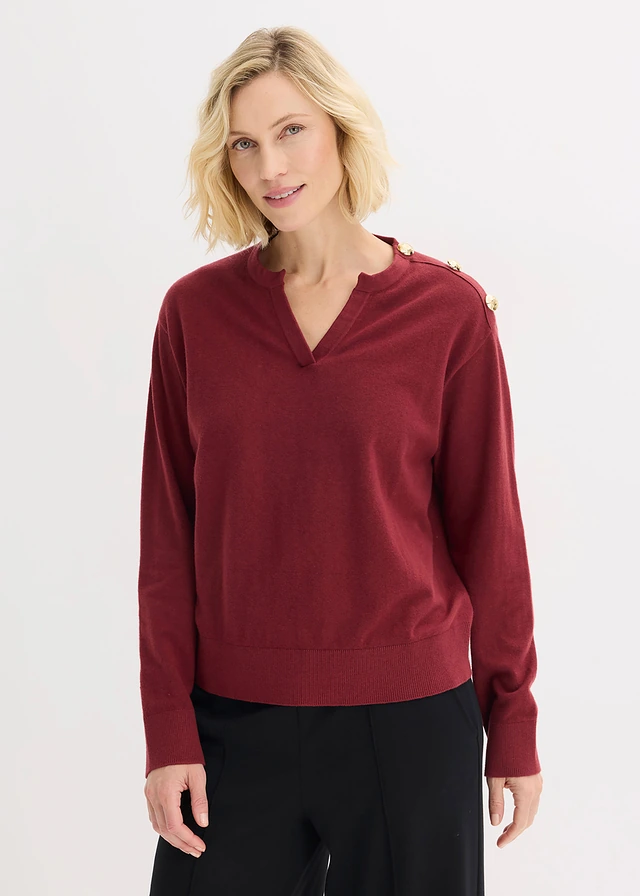 Katoenen trui met knoopdetail, Kleur: robijnrood