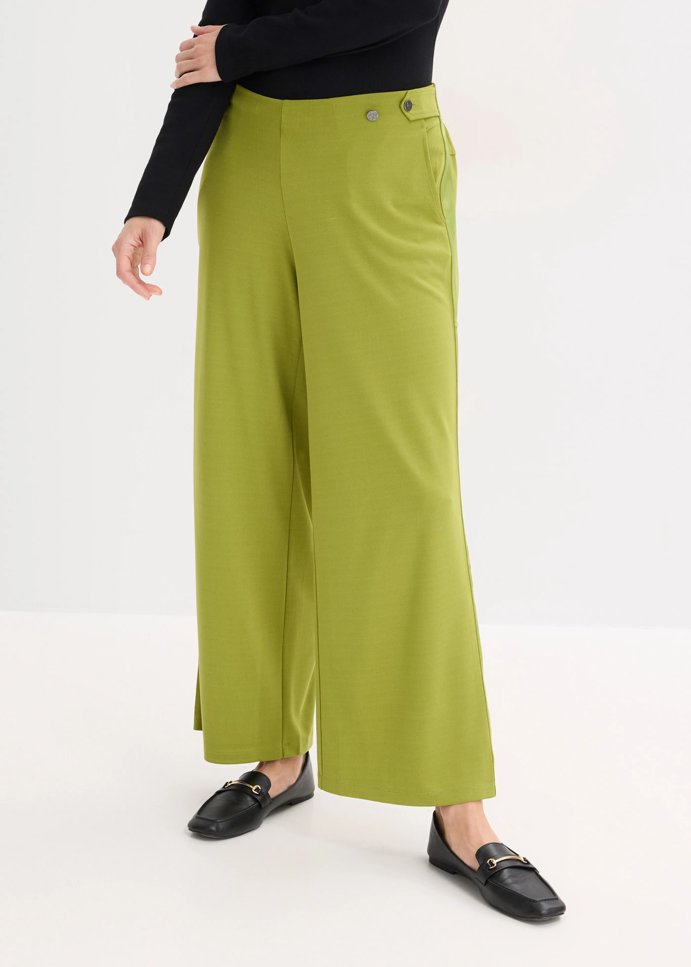 Pantaloni marlene din material Punto di Roma cu bandă din satin • verde kaki • magazin bonprix