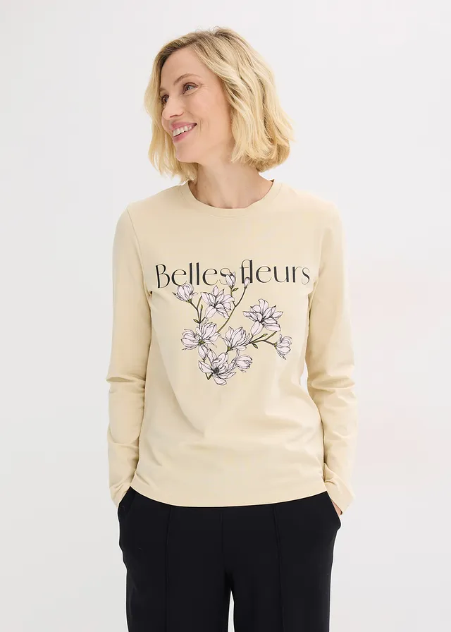 Longsleeve met biologisch katoen, Kleur: lichtsand-mosgroen met print