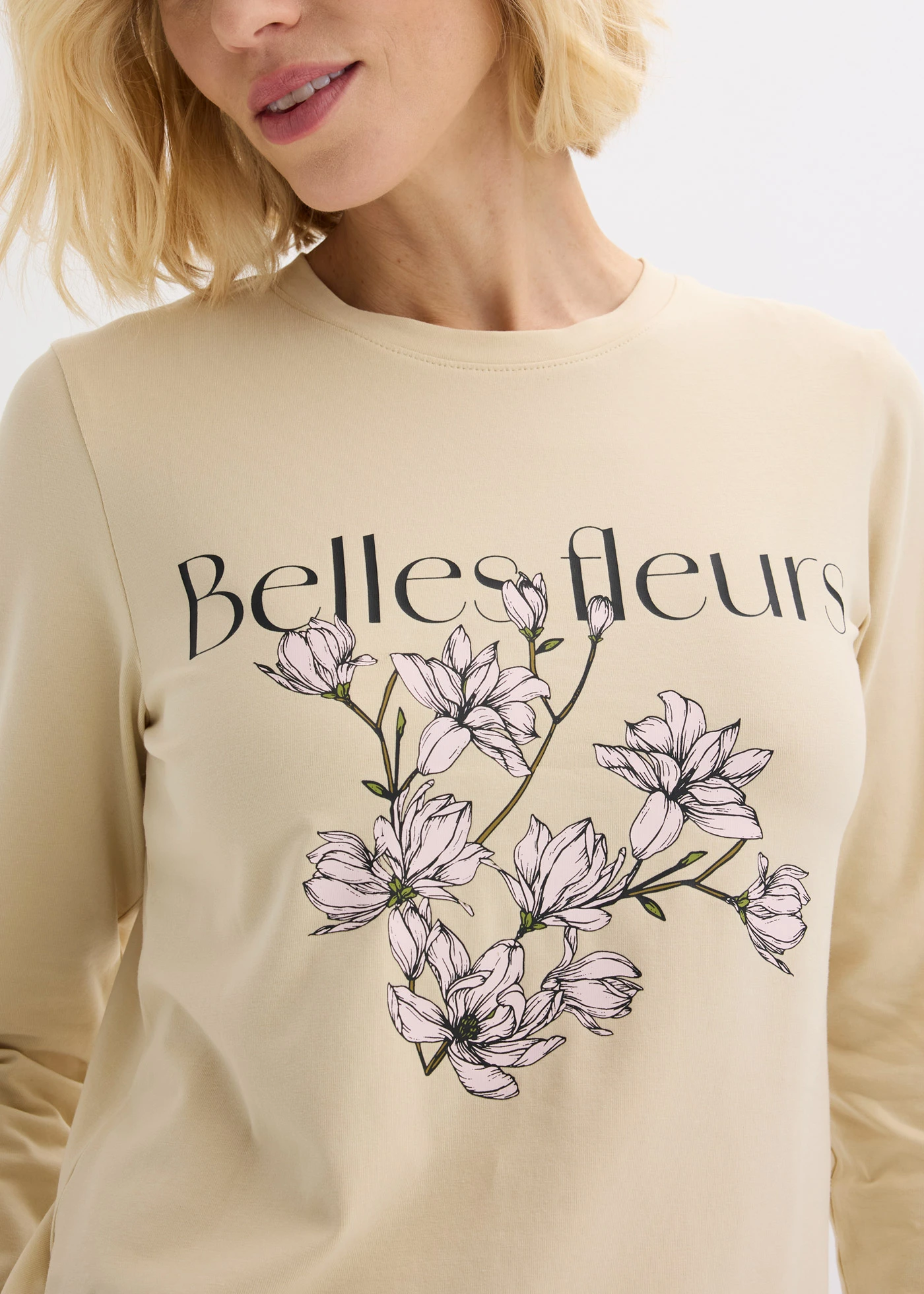 Bluzka z długim rękawem, z bawełny organicznej • jasny piaskowy-zieleń mchu • sklep bonprix