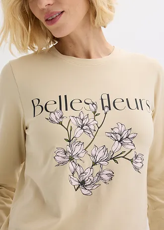 Bluză cu mâneci lungi cu bumbac organic • bej nisipiu mat-verde-kaki cu imprimeu • magazin bonprix