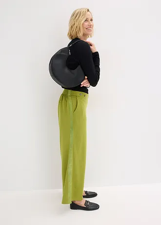 Pantaloni marlene din material Punto di Roma cu bandă din satin • verde kaki • magazin bonprix