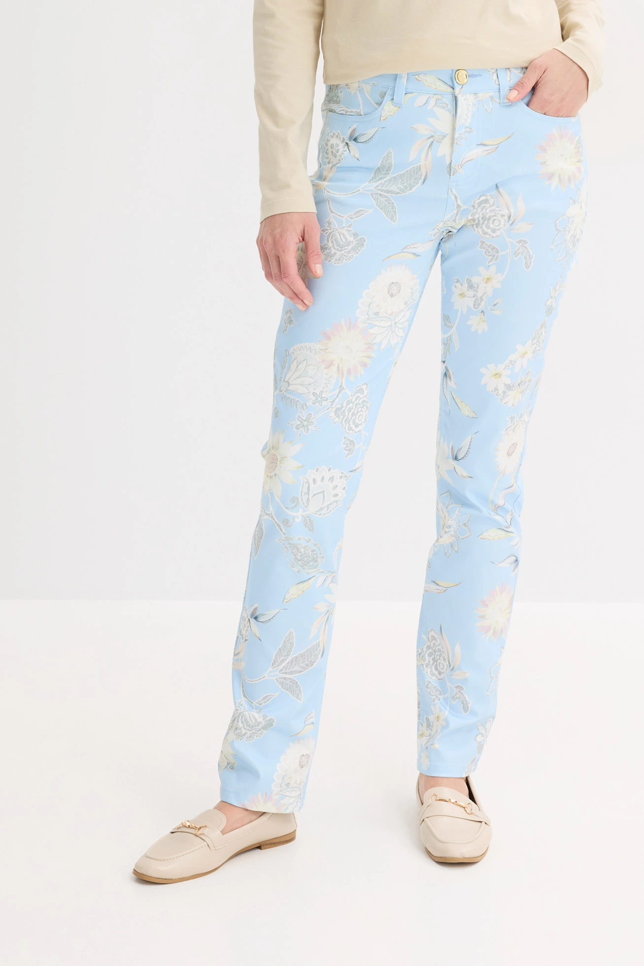 Pantaloni cu stretch cu imprimeu • albastru pudrat-bej nisipiu mat floral • magazin bonprix