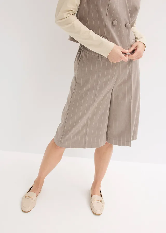 Bermuda à rayures tennis et pinces taupe/blanc nacré rayé