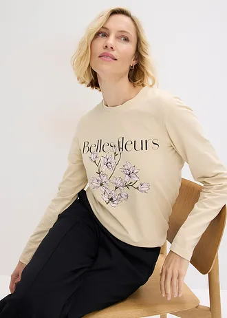 Tričko s dlhým rukávom a bio bavlnou • svetlopiesková-machová potlačená • obchod bonprix