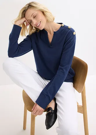 Pulover tricotat, cu detaliu cu nasturi • bleumarin • magazin bonprix