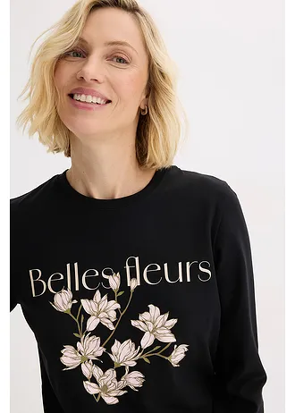 Bluză cu mâneci lungi cu bumbac organic • negru-verde-kaki cu imprimeu • magazin bonprix