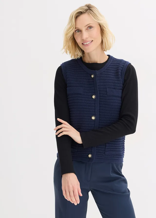 Gebreid vest met viscose, Kleur: donkerblauw