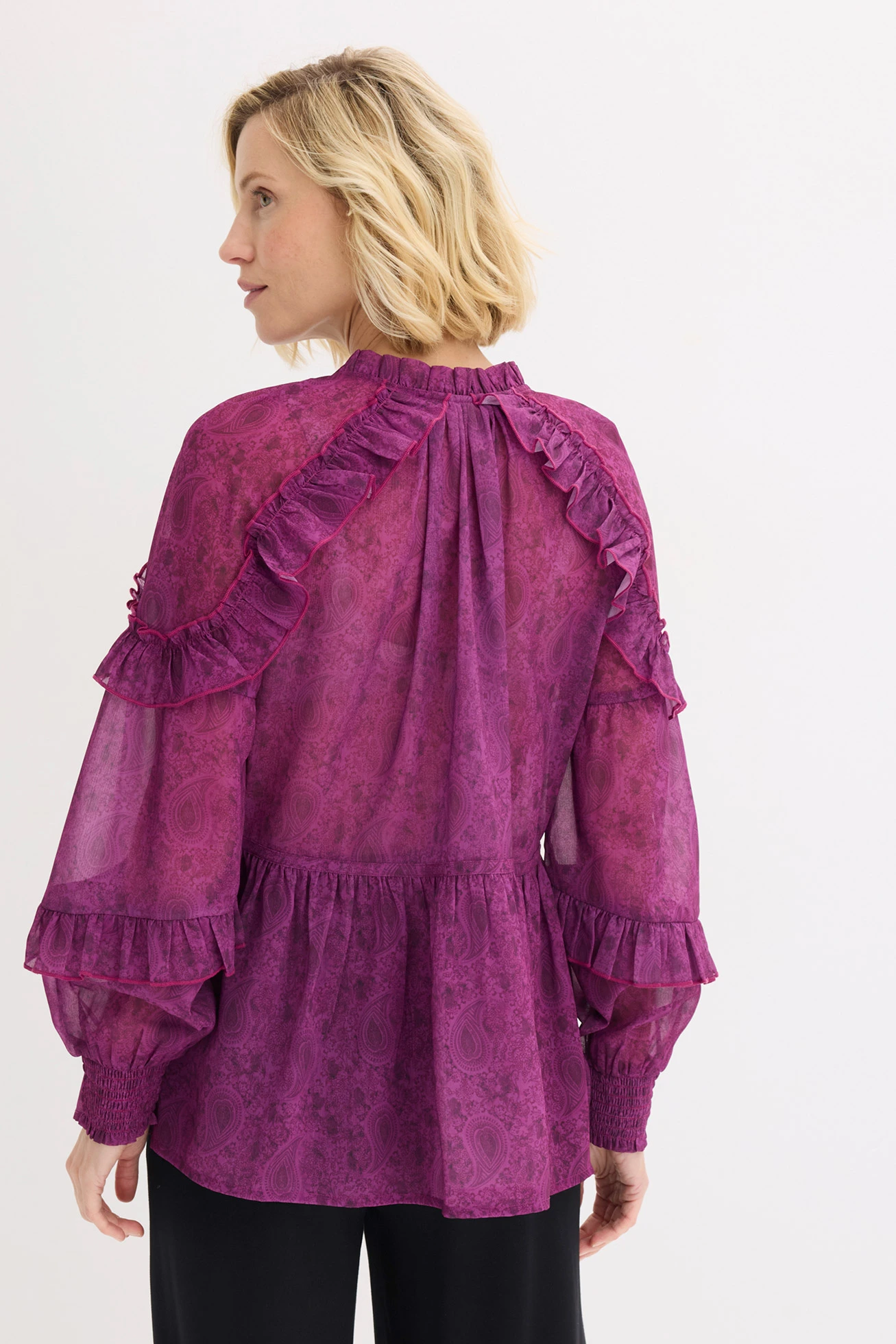 Blouse en mousseline à volants • violet foncé paisley • Boutique bonprix