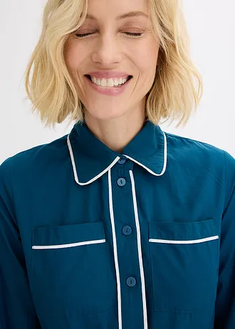 Sukienka koszulowa z bawełnianej popeliny z wykończeniem nie wymagającym prasowania • zielononiebieski morski-biel wełny • sklep bonprix