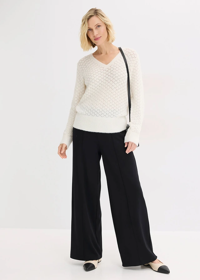 Pull ajouré avec fil peluche, Couleur: blanc nacré
