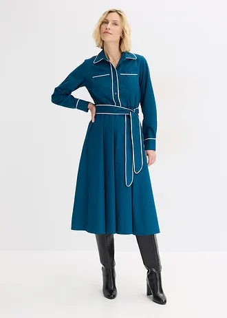 Robe en popeline de coton, sans repassage, Couleur: bleu pétrole-écru