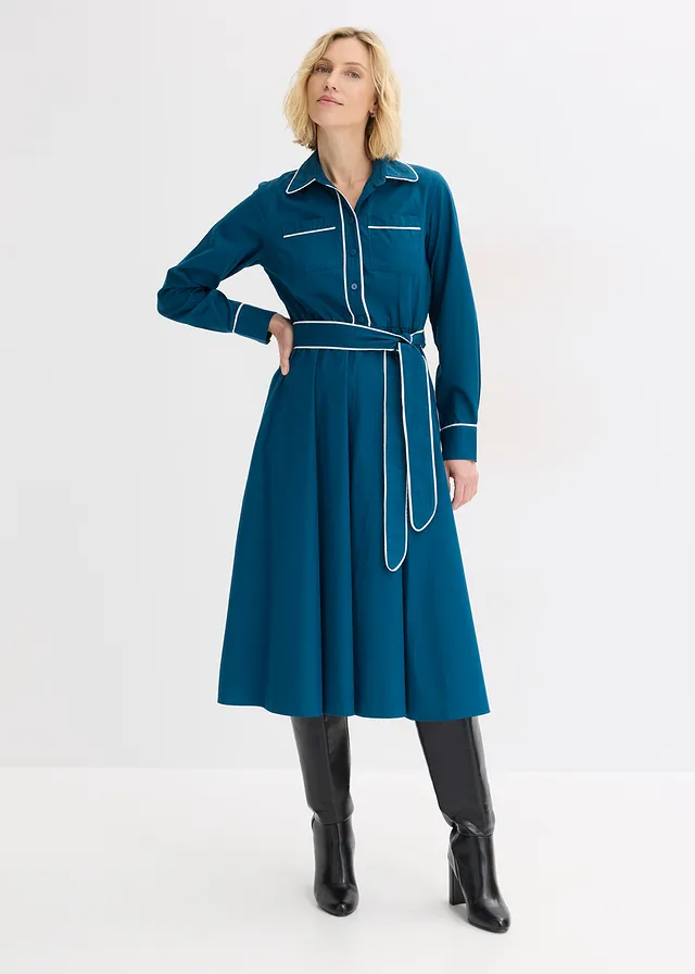 Robe en popeline de coton, sans repassage • bleu pétrole-écru • product-page.page-title-suffix