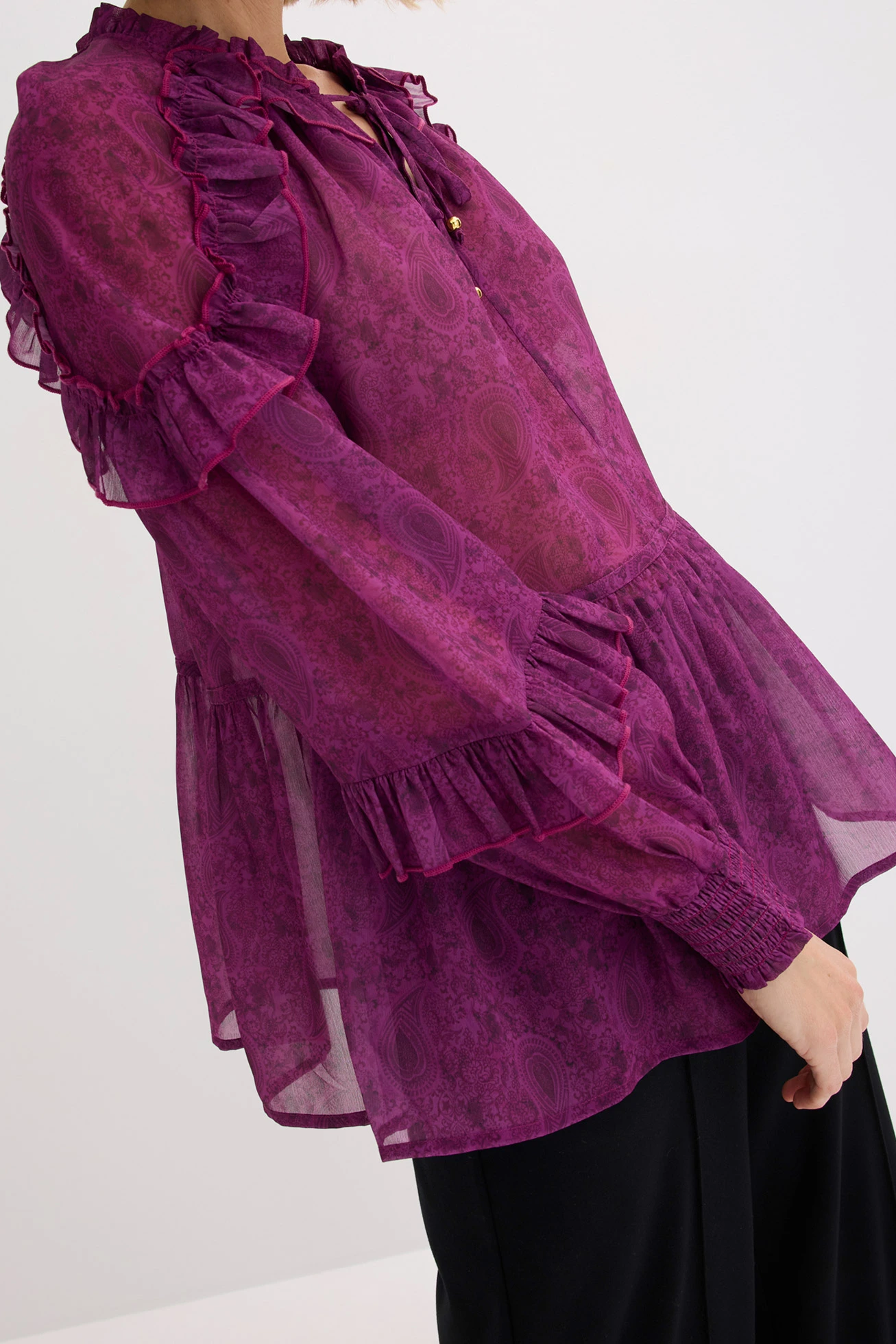 Blouse en mousseline à volants • violet foncé paisley • Boutique bonprix