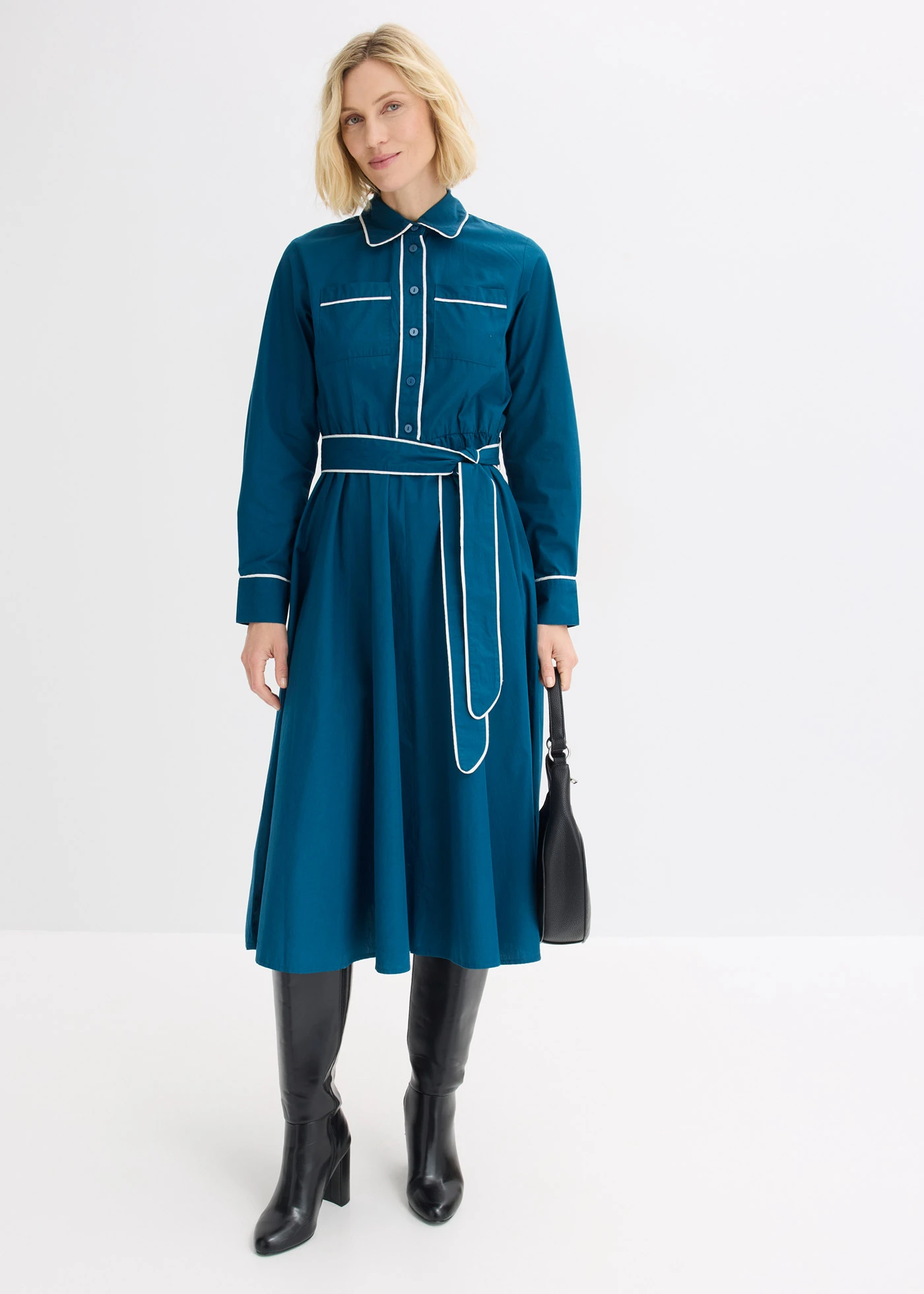 Rochie-cămașă din poplin de bumbac care nu necesită călcare • albastru petrol-ecru • magazin bonprix