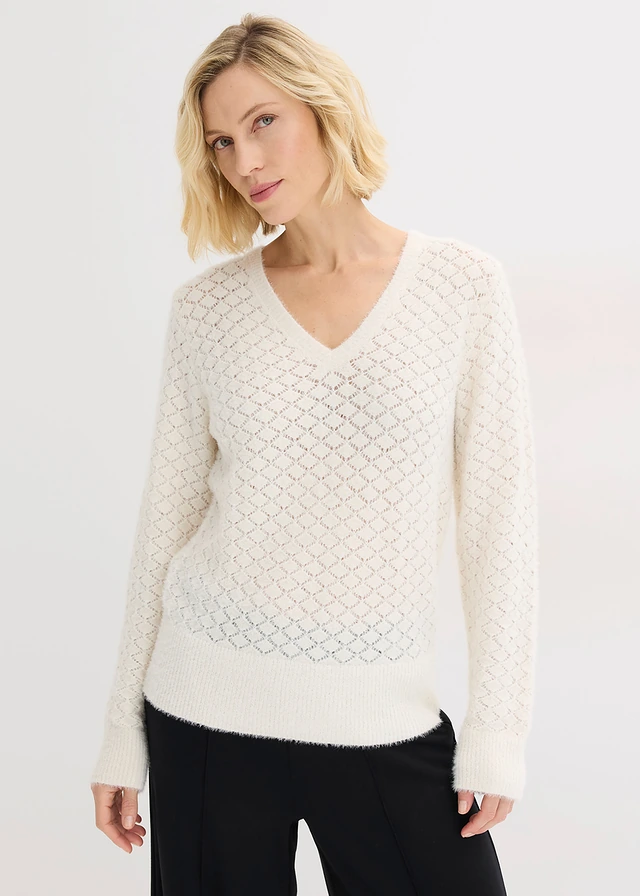 Pull ajouré avec fil peluche, Couleur: blanc nacré