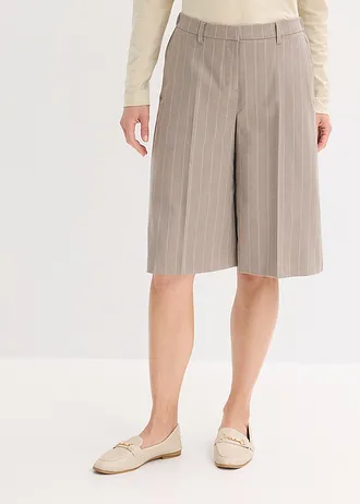Bermuda met bandplooien, krijtstrepen patroon, Kleur: taupe-parelwit gestreept