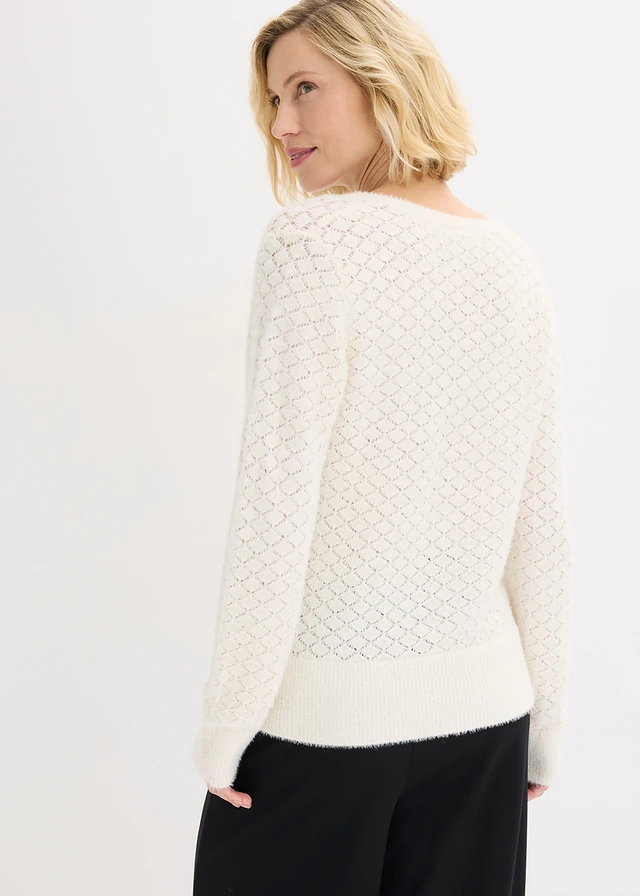 Pull ajouré avec fil peluche, Couleur: blanc nacré