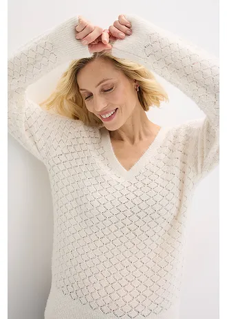 Pulover ajurat cu fir moale și pufos • alb perlat • magazin bonprix