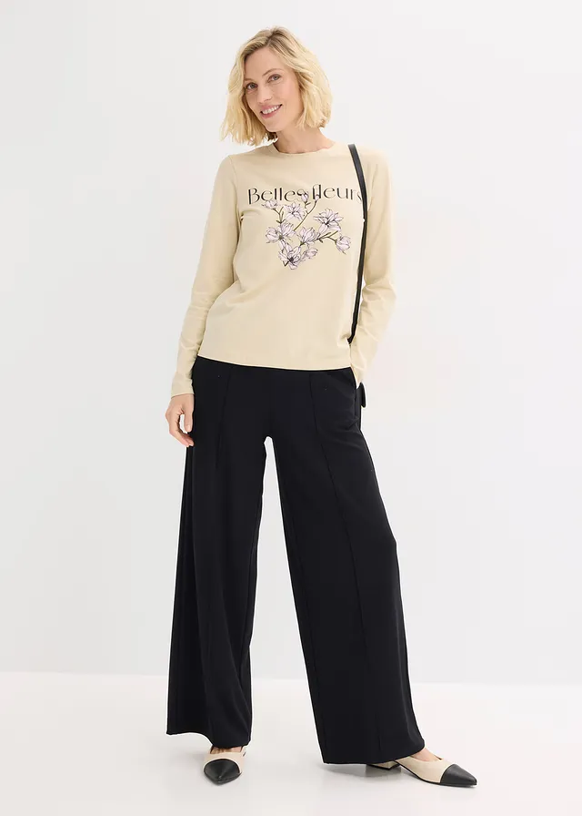 Longsleeve met biologisch katoen, Kleur: lichtsand-mosgroen met print