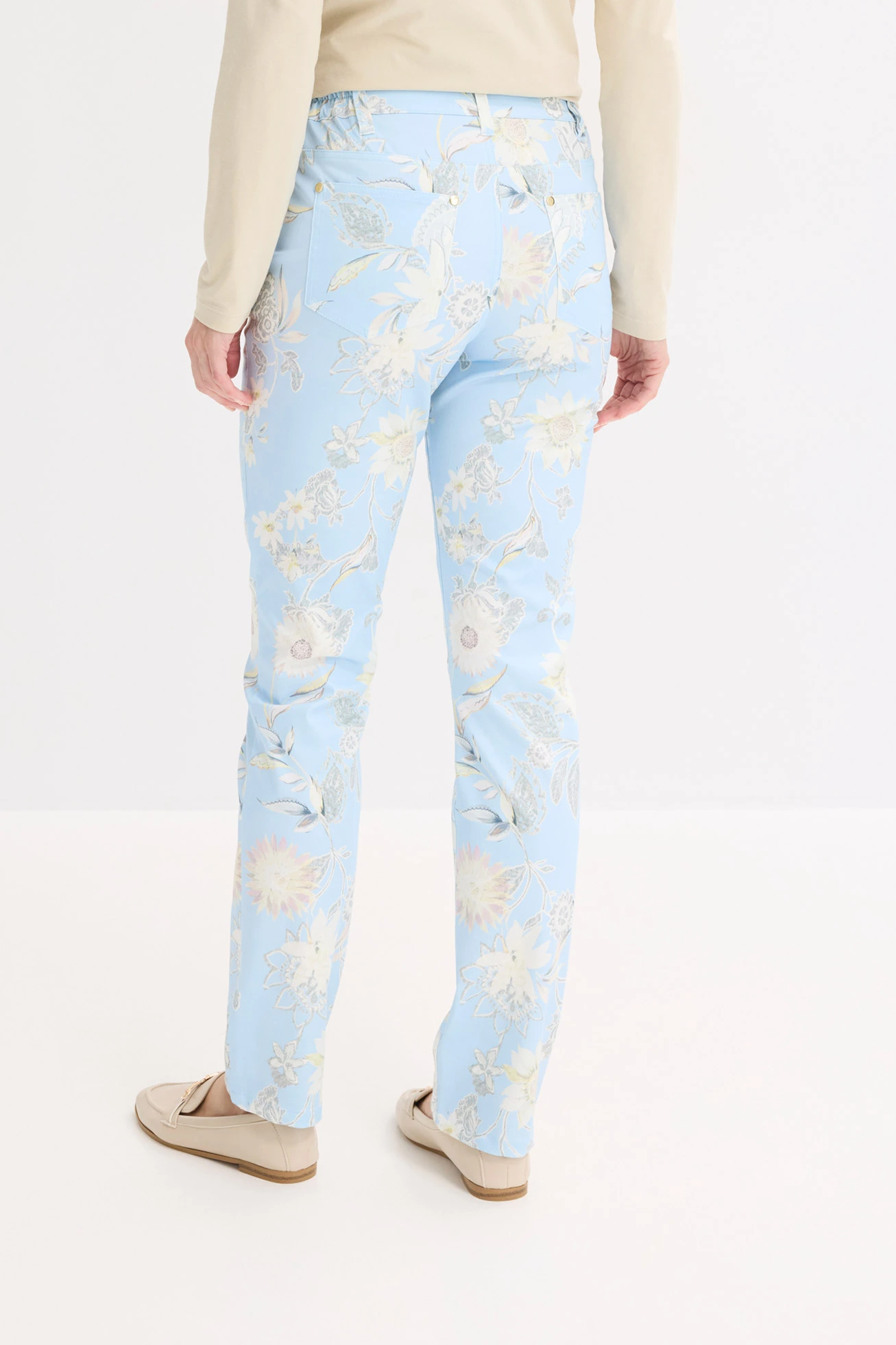 Pantaloni cu stretch cu imprimeu • albastru pudrat-bej nisipiu mat floral • magazin bonprix