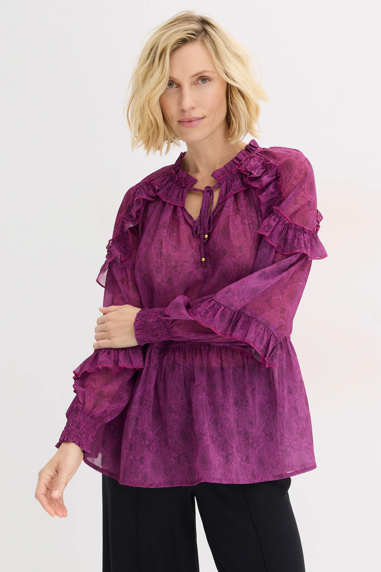 Blouse en mousseline à volants • violet foncé paisley • Boutique bonprix