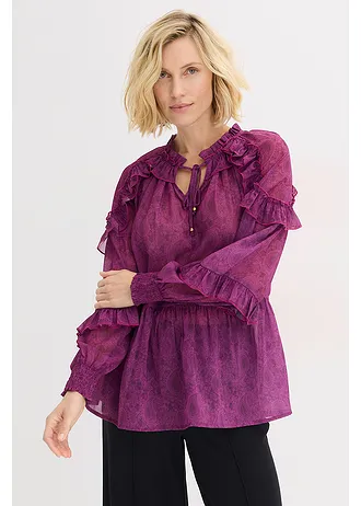 Chiffon blouse met ruches, Kleur: donkerpaars paisley