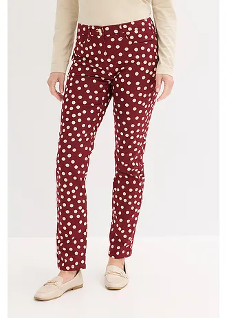 Pantalon extensible 5 poches, Couleur: rouge rubis pois sable clair