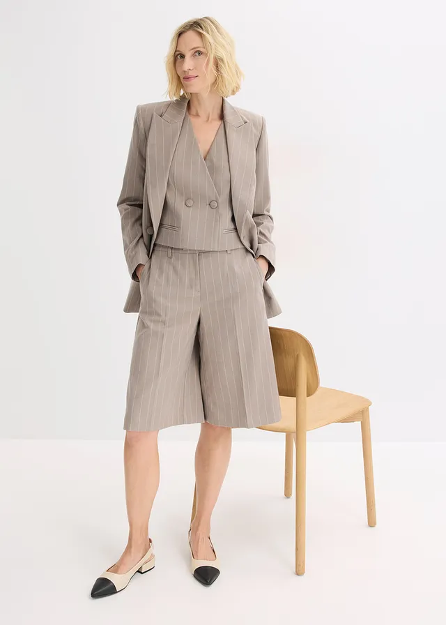 Kostuumgilet met krijtstrepen, Kleur: taupe-parelwit gestreept