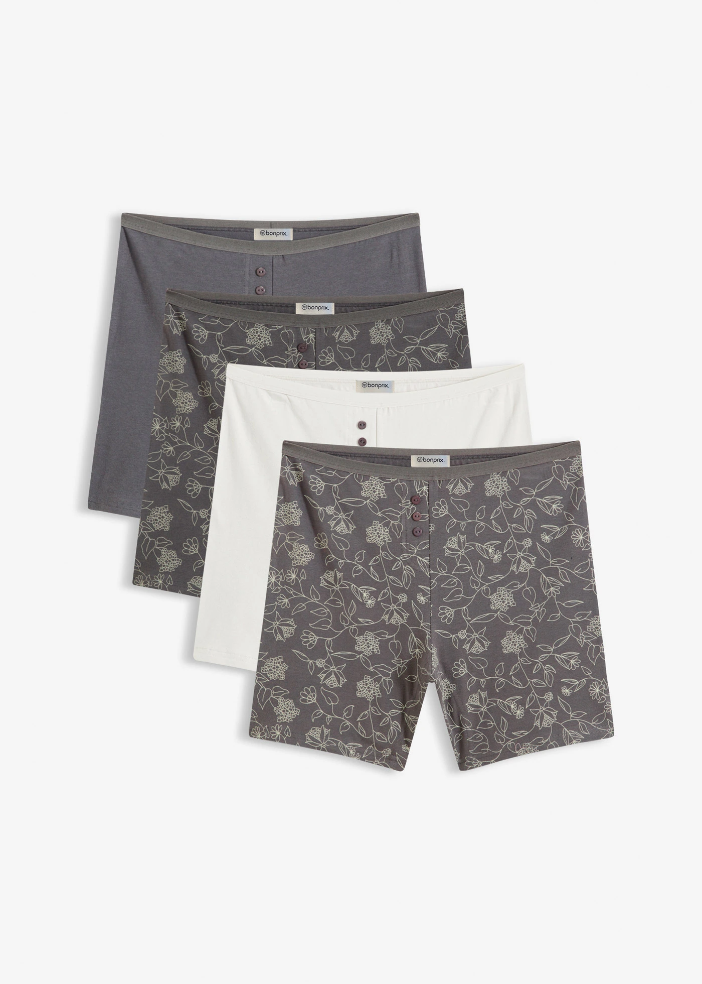Chilot boxer lung de damă (set/4 buc.) • gri închis cu imprimeu • magazin bonprix