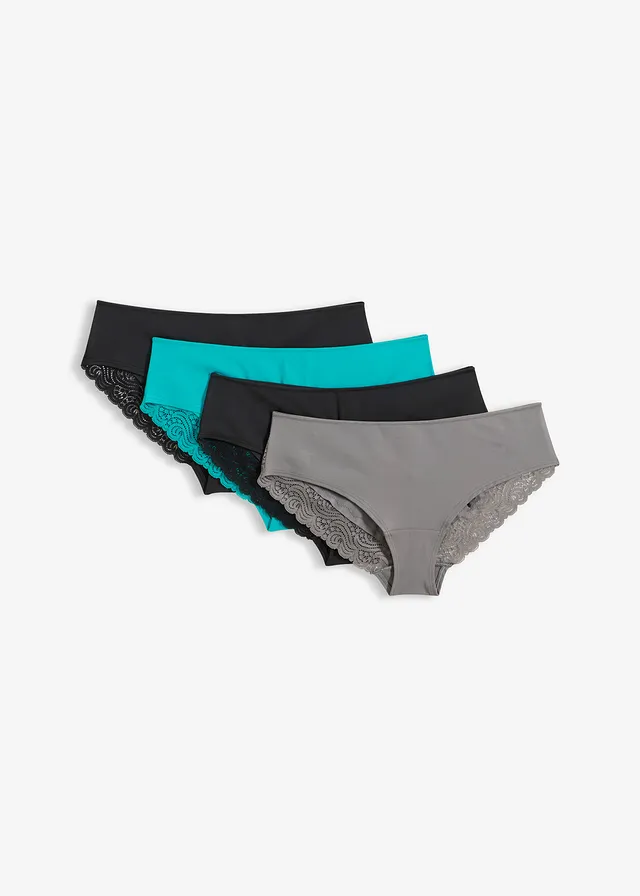 Lot de 4 culottes avec dentelle, Couleur: noir + gris granit + émeraude