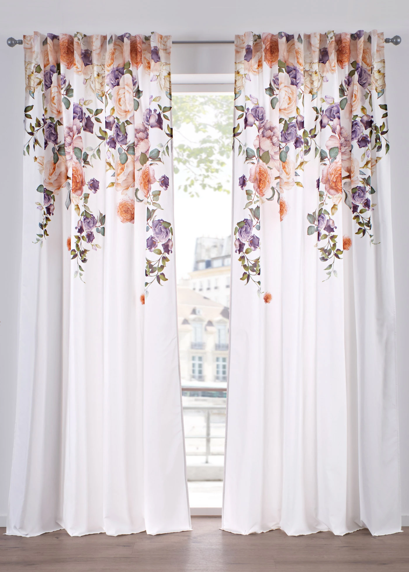 Gordijnen van onderhoudsvriendelijke microvezel (2 stuks) • crème-oranje gebloemd • bonprix online shop