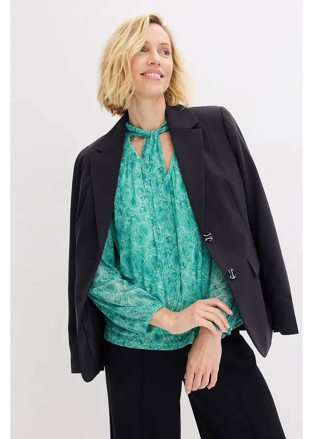 Bluză cu mânecă lungă din mesh fin verde sticlă paisley