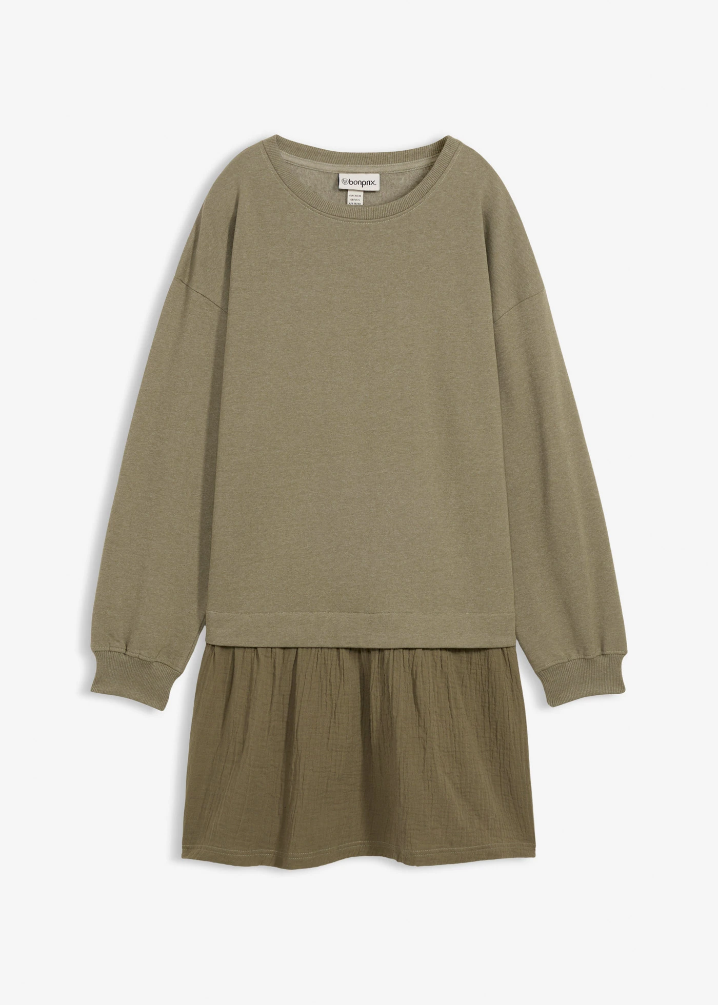 Robe sweat avec jupe tissée • olive • Boutique bonprix
