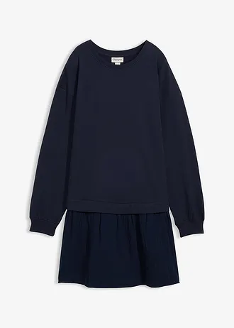 Sweatjurk met geweven rok, Kleur: donkerblauw