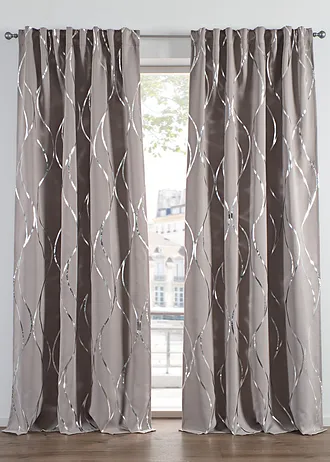 Verduisterend gordijn met glanzende print (1 stuk), Kleur: taupe-zilverkleur
